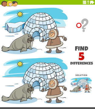 Differences Educational Task For Kids With Eskimo And Igloo And Walrus