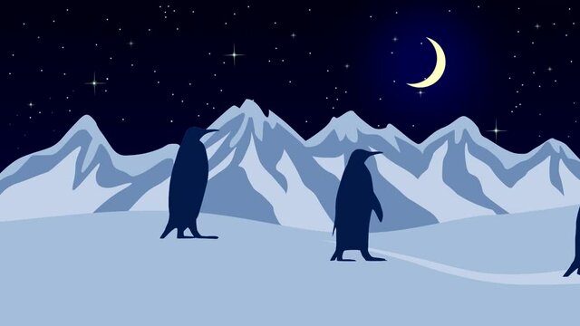Winter landscape with walking penguins, mounts, moon and twinkle stars