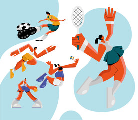 group of five athletes practicing sports characters