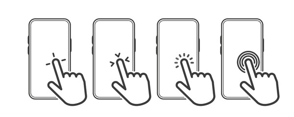 Hand Touch Screen Smartphone icons. Click on the smartphone. Line objects. Vector illustration.