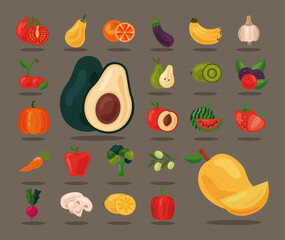 bundle of twenty four fresh fruits and vegetables healthy food set icons