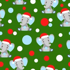 Seamless pattern. Happy New Year. Cartoon baby elephant in red Christmas hat. White, red and blue confetti. Green background. Post cards, wallpaper, textile, scrapbooking and wrapping paper