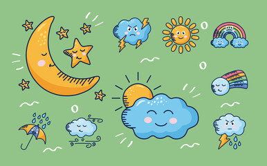 bundle of nine kawaii weather comic characters in green background