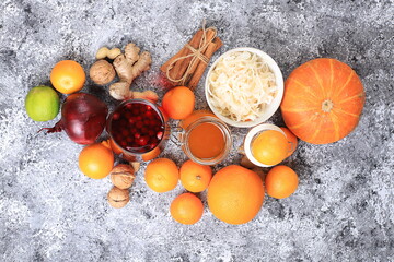 Healthy natural food for the flu and colds. A selection of fresh fruits and vegetables with vitamin C and natural ingredients to strengthen the immune system. Organic virus protection products,