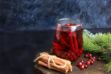 Strong alcoholic or non-alcoholic cranberry and cinnamon spiced cocktail, warming winter drink in...