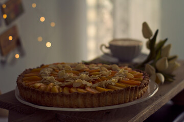 Apricot almond pie and coffee