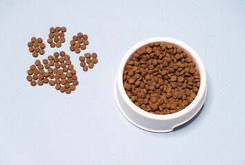 bowl with dry food for a dog or cat on a blue background. dog paw footprint. view from above.
