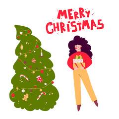 Gifts christmas girl in flat style. Merry christmas happy new year winter illustration