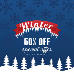 big winter sale poster with ribbon frame in snowscape