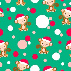 Seamless pattern. Happy New Year. Cartoon baby monkey in red Christmas hat. White, red and blue confetti. Warm green background. Post cards, wallpaper, textile, scrapbooking and wrapping paper