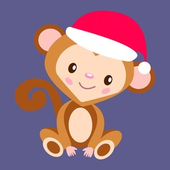 Merry Christmas. Happy New Year. Baby monkey in red Christmas hat isolated. Flat cartoon style. Grayish violet background. For children. Post cards, stickers, posters, scrapbooking and nursery