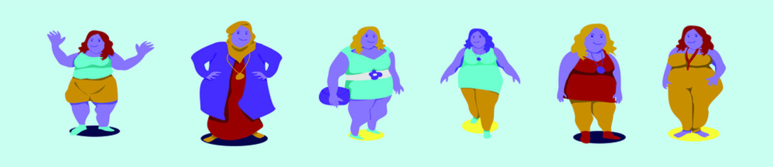 set of fat ladies cartoon icon design template with various models. vector illustration isolated on blue background