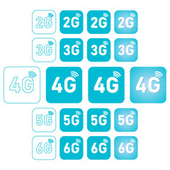 2g, 3g, 4g, 5g, 6g icon set for internet and phone. Vector illustration isolated on white background.
