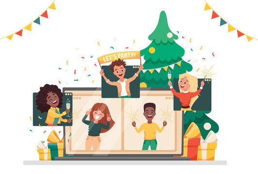 Online Virtual House Party. People Meeting Online Together With Family Or Friends Celebrating Safe New Year Or Merry Christmas Via Video Call. Vector Cartoon Flat Illustration 