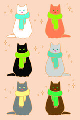 Set of cute cartoon cats in scarves. Red, black, white, gray cats. Vector illustration. Suitable for stickers, office supplies, textiles