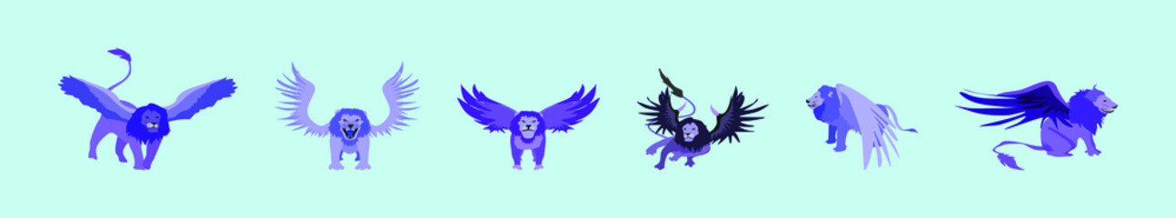 set of winged lion cartoon icon design template with various models. vector illustration isolated on blue background