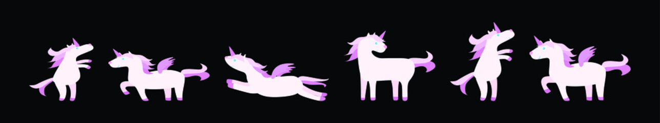 set of unicorn cartoon icon design template with various models. vector illustration isolated on black background
