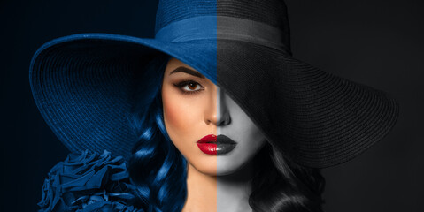 Portrait of a beautiful woman with red lips in a hat, toned in color of the year 2020 and 2021, classic blue, ultimate grey