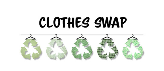 Clothes Swap text with recycle clothes icons on hanger, reduce waste concept