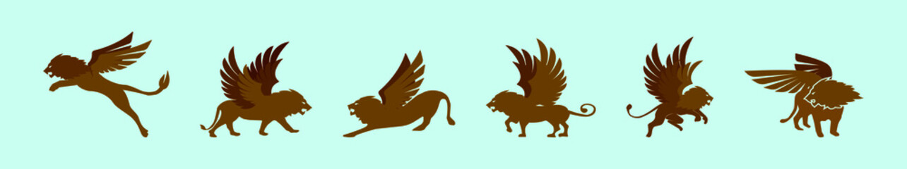 set of winged lion cartoon icon design template with various models. vector illustration isolated on blue background