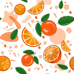 Seamless pattern of orange, orange slices, leaves and abstract spots. Stock vector illustration isolated on white background.