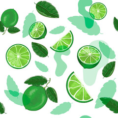 Seamless pattern of lime, lime slices, leaves and abstract spots. Stock vector illustration isolated on white background.