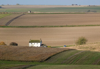 view across a rolling wiltshire vale, single white cottage in foreground