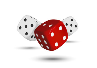 Dice. Composition of three dices on a white background. Red and white dice. Casino. 3d effect Vector illustration.