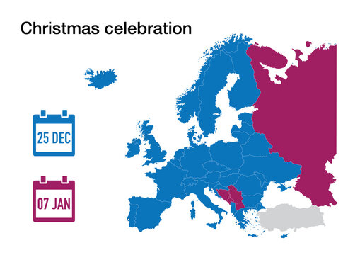Map of Christmas celebration day around Europe countries in December 25 or January 7