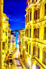 Night vintage street view in old town colorful painting looks like picture