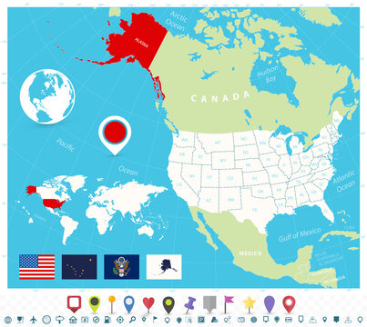 Location of Alaska on USA map with flags and map icons