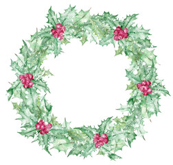 Watercolor Christmas mistletoe berry wreath covered with snow. Traditional garland with red berries and snowflakes.
