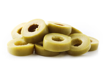 .Slices of olives on white background