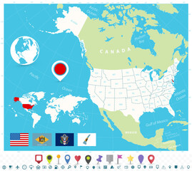 Location of Delaware on USA map with flags and map icons