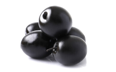 Black olives with pits on white background