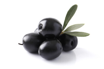 Black olives with pits on white background