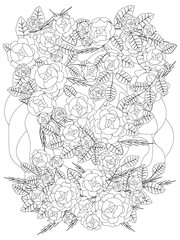 Coloring page for adult. Roses flower wreath. Weaving plants