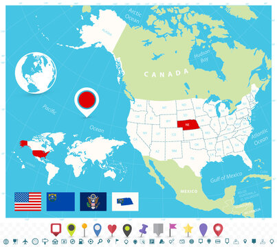 Location of Nebraska on USA map with flags and map icons