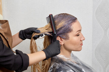 Hair coloring for a client in a beauty salon. Coloring light hair. Professional hair care products.