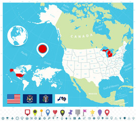 Location of Michigan on USA map with flags and map icons