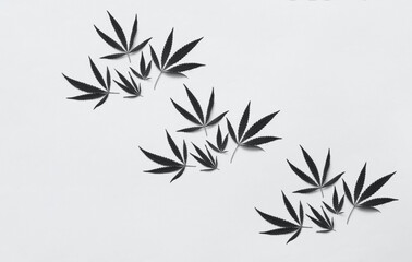 Pattern of cannabis on Ultimate Gray background. Botanical design in organic style. Creative copy space.