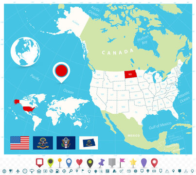 Location of North Dakota on USA map with flags and map icons