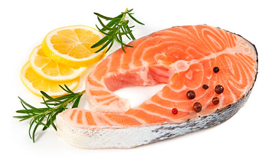 slice of raw fish, salmon, trout, steak, with rosemary and lemon isolated on white background, full depth of field