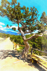 One tree standing colorful painting