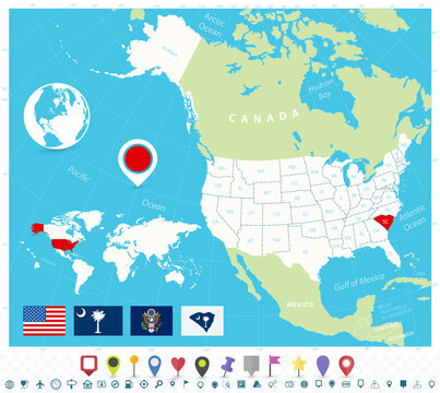 Location of South Carolina on USA map with flags and map icons