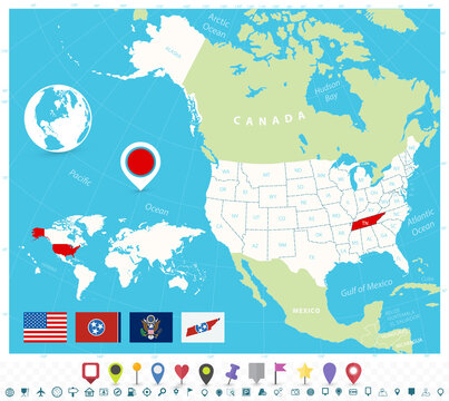 Location of Tennessee on USA map with flags and map icons