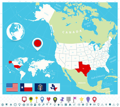 Location of Texas on USA map with flags and map icons