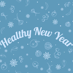 Text of Healthy New Year on background of set of vegetables, fruits, snowflakes. Vector illustration for healthy food, vegetarians, vegans with blue background for New Year.