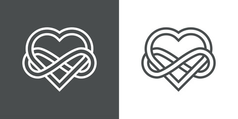 Símbolo de amor eterno. Logotipo con corazón y símbolo infinito enlazados con lineas en fondo gris y fondo blanco © teracreonte