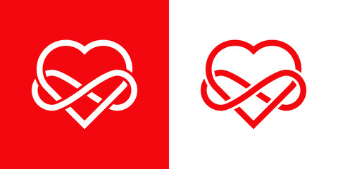 Símbolo de amor eterno. Logotipo con corazón y símbolo infinito enlazados con lineas en fondo rojo y fondo blanco © teracreonte